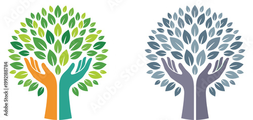 Abstract tree logo with human hands forming leaves symbolizing growth unity and environmental sustainability concept
