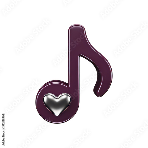 3D rendered music note with heart symbol isolated on transparent background
