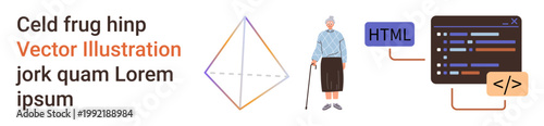 Technology education, coding tutorials, senior citizens, modern learning, generational knowledge, programming basics. Elderly woman, geometric line diagram coding window. Technology education