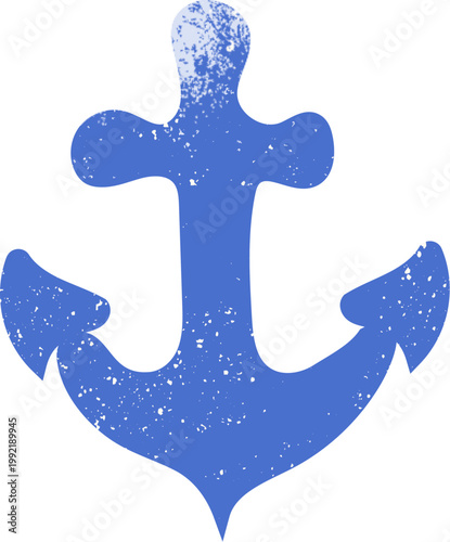 Blue Anchor design element for summer. Marine element isolated on white background. Grunge texture wall art.