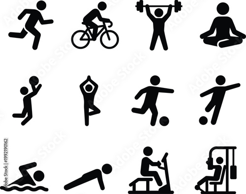 Set of fitness and sports silhouette icons including running, cycling, yoga, swimming, weightlifting, and gym exercises.