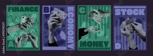 Poster hand money. Halftone finance collage. Business stock trading. Retro banner for market invest. Graphic vintage cash. Bank design, communication. Banking and investment, vector garish background
