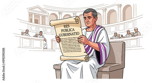 Roman senator holding parchment scroll in senate building illustration isolated on white background