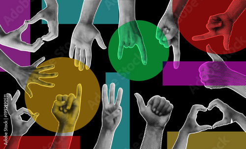 Hand halftone. Grunge paper arm with geometry sign. Texture retro Y2K. Gesture people. Graphic comic point. Collage doodle element from dot. Geometric flat forms. Vector grain on garish background