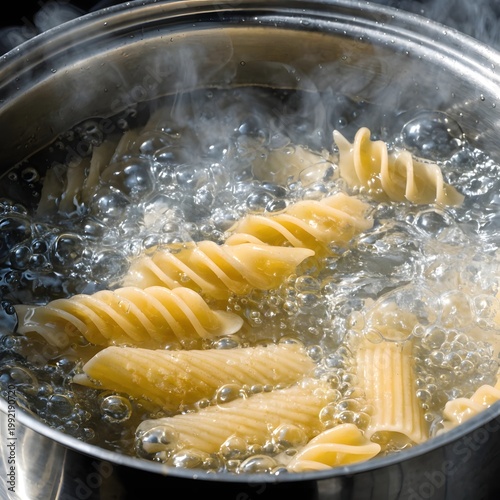 Boiling Pasta in Hot Water with Steam and Bubbles