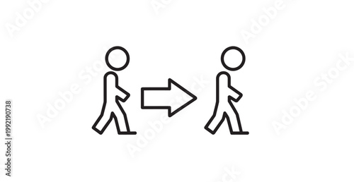 Simple line icon of two people walking with an arrow indicating forward movement.