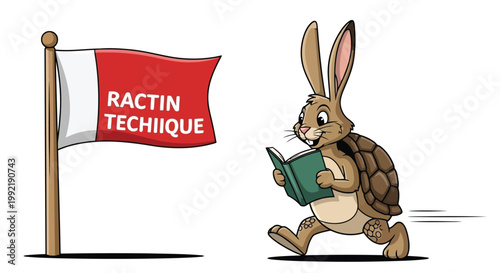 Tortoise running with book in hand near red flag with text technique vector illustration isolated on white background