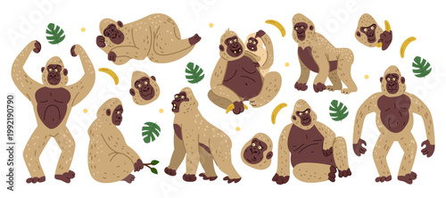Gorilla sticker. Funny monkey. Cartoon animals jungle. Cute zoo or nature character in different poses. Forest pet wildlife primate. Mascot kids. Children African drawing. Vector tidy isolated set