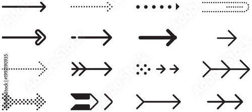 Assortment of arrow icons with diverse styles like dotted, solid, and chevron designs.