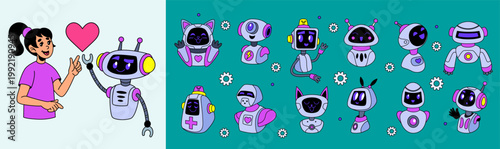 Chatbot avatar. Cute robot in chat. AI assistant, funny face android. Bot character, communication dialog with machine, technology interaction. Future smile. Vector tidy icon cartoon flat style set
