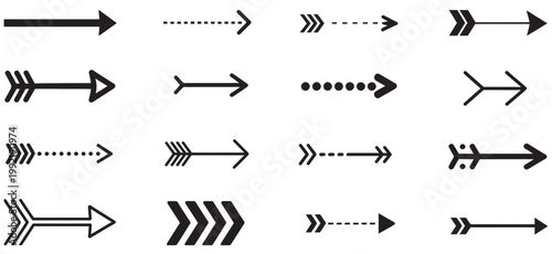 Collection of diverse arrow icons in various styles, including solid, dotted, and outlined designs.
