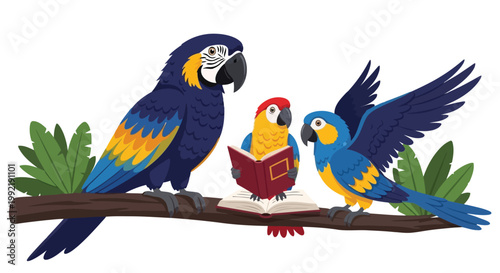 Three colorful parrots sitting on tree branch reading book together flat vector illustration isolated on white background