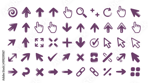 Assortment of purple arrow and cursor icons with a hand-drawn, brushstroke style for creative design.