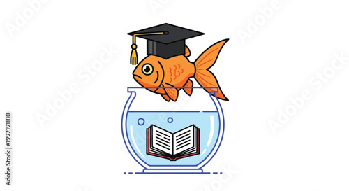 Goldfish wearing graduation cap reading open book inside glass fishbowl vector illustration isolated on white background