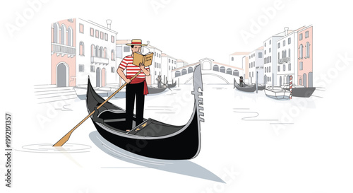 Gondolier reading book in boat on canal in Venice Italy vector illustration style isolated on white background