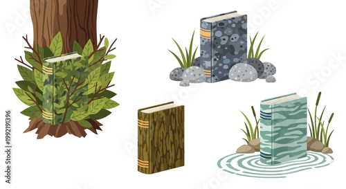 Collection of books camouflaged in nature with tree bark and stone textures illustration isolated on white background