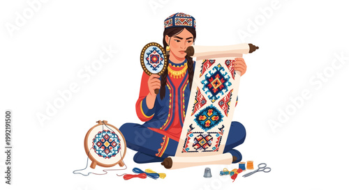 Young woman in traditional clothing embroidering fabric with needle and thread illustration isolated on white background