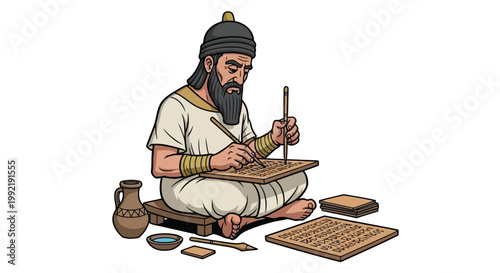 Ancient scribe writing on clay tablet with stylus in historical setting vector illustration isolated on white background