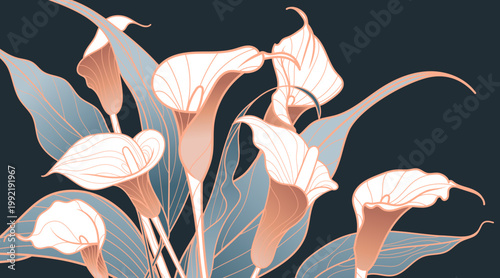 Luxury art background with minimalistic calla lily flowers. Botanical banner for decoration, print, wallpaper, invitations, posters etc. Vector illiustration.
