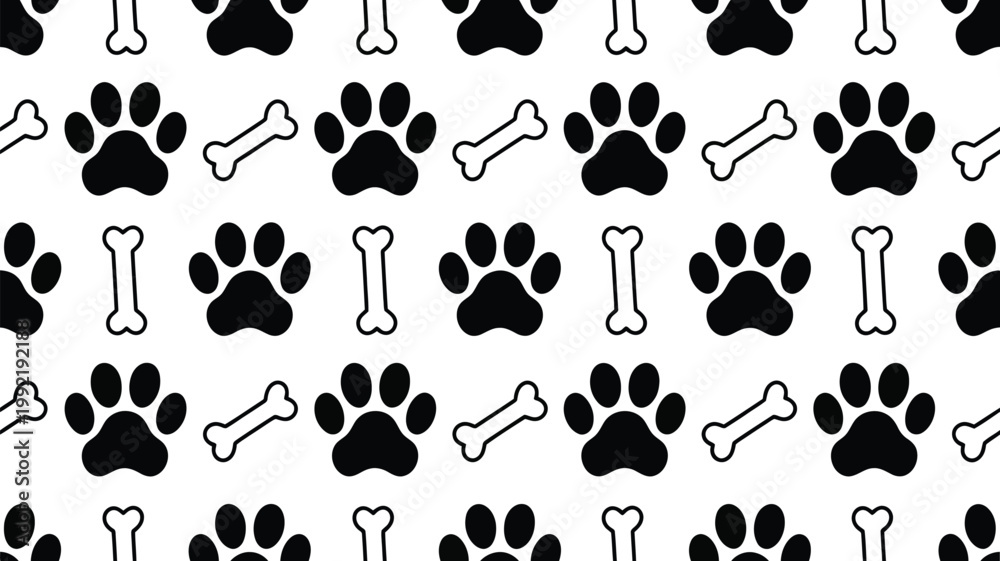 Fototapeta premium Seamless pattern of black dog paw prints and white bone silhouettes for pet shop branding animal care and textile design.