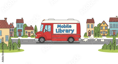 Red mobile library van driving through suburban neighborhood street illustration in flat vector style isolated on white background