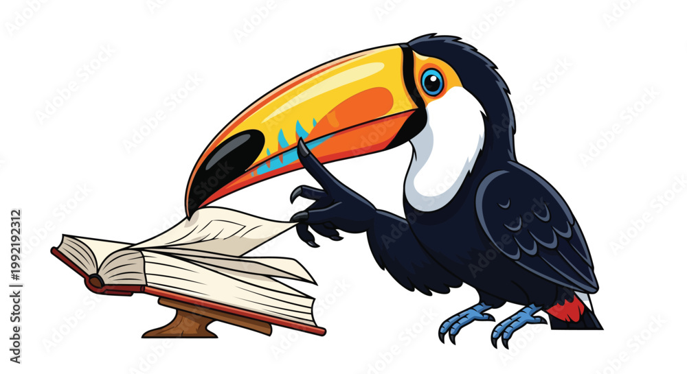 Obraz premium Cute toucan bird reading open book in colorful cartoon vector style isolated on white background isolated on white background