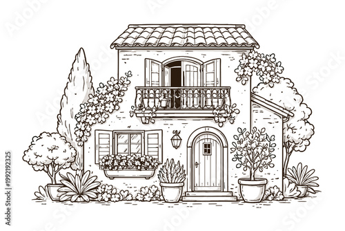 Hand-drawn outline sketch of a cozy Italian villa with a balcony, tiled roof, arched door, and lush garden with potted plants and climbing flowers, ideal for coloring book or architectural design.