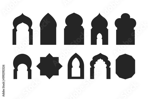 Set of Islamic Arch Silhouettes, Arabic Window and Door Shapes in Oriental Style, Black Mosque Frames for Ramadan and Eid Mubarak Design, Middle Eastern Architectural Elements Vector Illustration