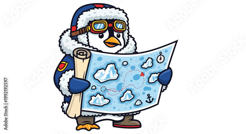 Penguin explorer in arctic gear reading a map of icy islands isolated on white background