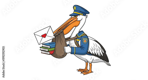 Pelican postman wearing blue uniform delivering letters and books in mail satchel bag illustration isolated on white background