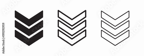 Set of three chevron arrows pointing down in black, outline, and negative space.