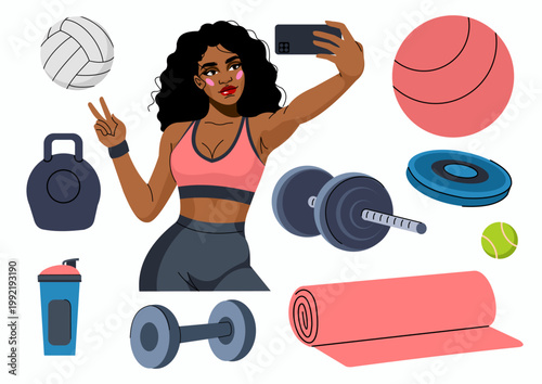 Fit sport. Woman in athletic clothing posing for selfie. Sportsman making photo with smartphone. Fitness training accessories. Attractive slim athlete. Ball and dumbbell. Gym workout vector concept