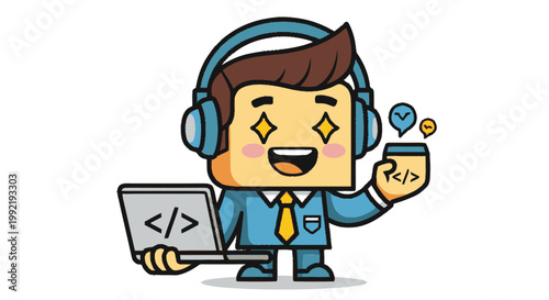 Cartoon programmer with laptop and smartphone communication and technology