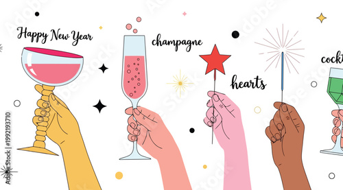 Hands holding champagne glasses and party items for new year celebration