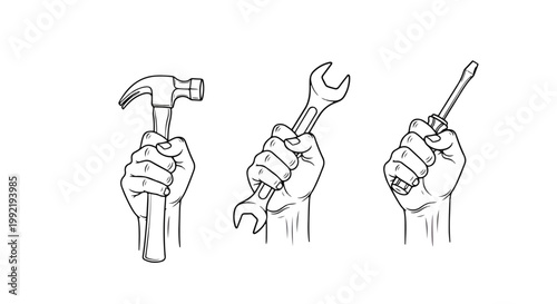Hand holding tools hammer wrench screwdriver - Modern style icon. Vector icon set. Glyph and solid icon set. Icon vector. Flat Design Icon. line icon set