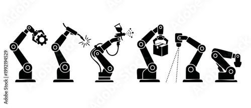 Industrial Robotic Arms Set Icons, Factory Automation Process, Welding Painting Assembly and Packaging Production Technology, Modern Manufacturing Systems and Engineering Machine Collection on White B