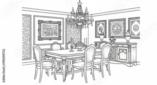 Luxury Dining Space Monochrome Illustration 
