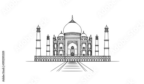 Minimal Taj Mahal India Famous Landmark Outline Vector Illustration