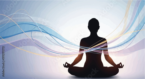 Person sits in a meditative pose surrounded by flowing ethereal energy lines.