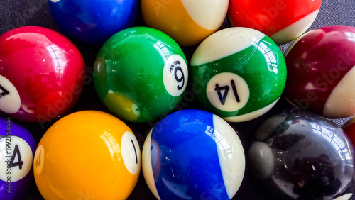 Bilde på lerret Colorful Billiard Balls Close Up On Pool Table, Game Strategy And Competition Co