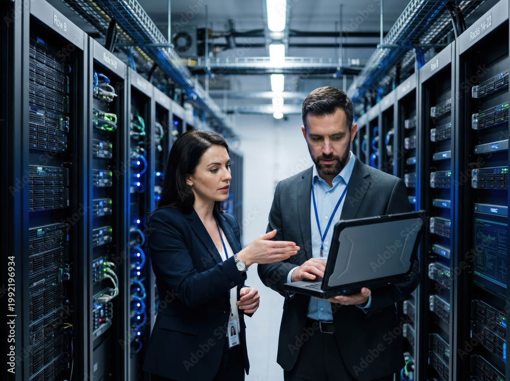 Fototapeta premium Data center professionals inspecting server racks with a laptop