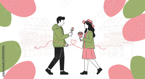 Couple in Love Exchanging Roses with Heart String - Romantic Illustration