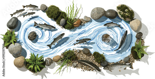 Aerial Top View Salmon Fish Swimming in Swirling River Stream with Rocks Plants Vector Illustration
