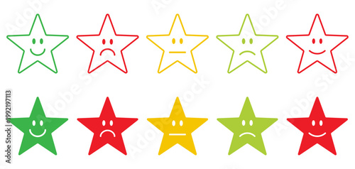 Star Shape Feedback Rating Icons Set Colorful Expressive Face Characters Customer Review Satisfaction UI Design Vector Collection.