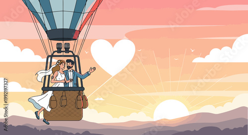 Couple in Hot Air Balloon at Sunset, Heart Symbol, Wedding Romance