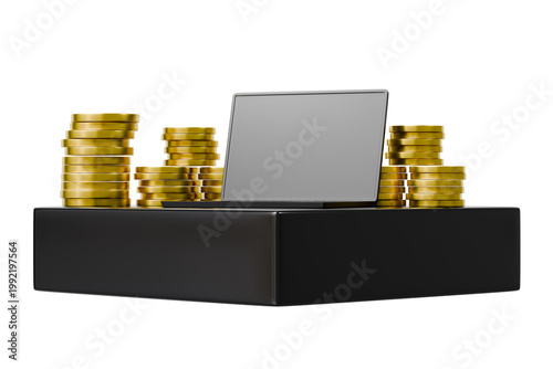 3d laptop coin stack icon. online investment concept. minimal cartoon computer gold podium finance for business web app. isolated on white transparent background. 3d render.