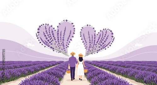 Couple in Lavender Field with Heart Shaped Flora - Love and Romance Illustration