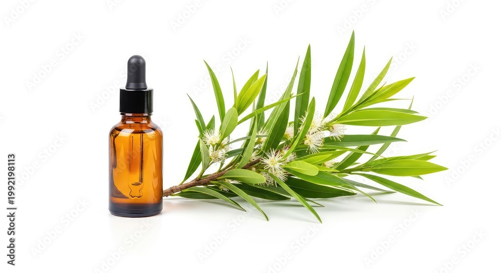 Fototapeta premium A small amber glass bottle with a dropper sits next to a vibrant green tea tree branch with narrow leaves on a clean white background, herbal, natural, isolated