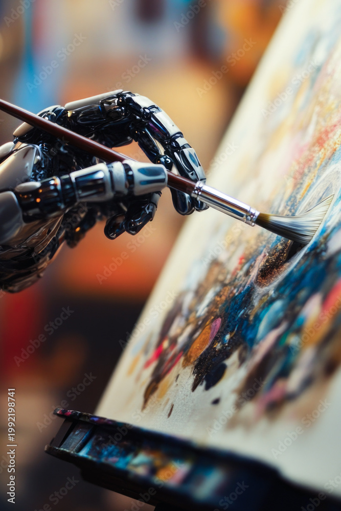 Fototapeta premium A robot hand holds a paintbrush and paints a picture, demonstrating creative capabilities vertical frame
