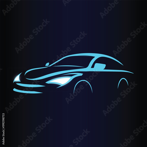 Bild auf Leinwand Futuristic Neon Sedan Car Silhouette on Dark Background Automotive Illustration